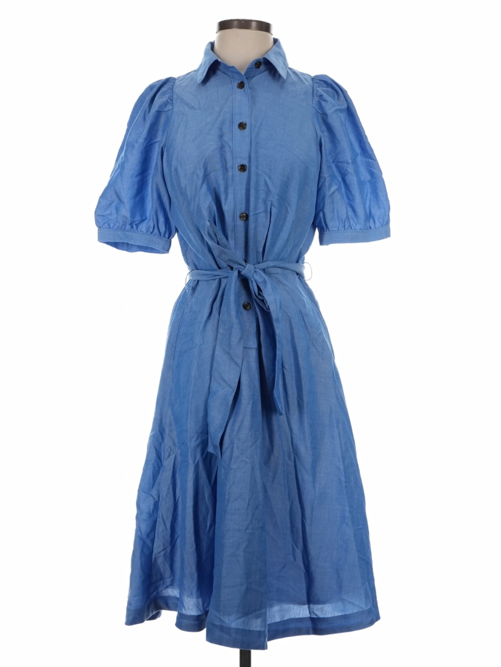 Ann Taylor Light Blue Button-Front Midi Shirt Dress with Tie Waist